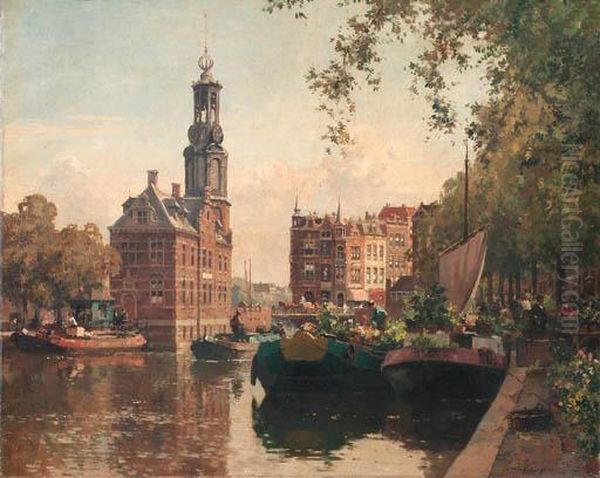 The Flowermarket On The Singel, Amsterdam, With The Munttorenbeyond Oil Painting by Cornelis Vreedenburgh