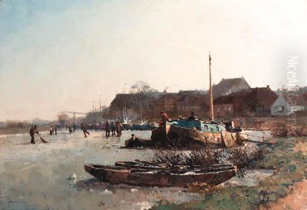 Winterfun On De Loswal, Hattem Oil Painting by Cornelis Vreedenburgh