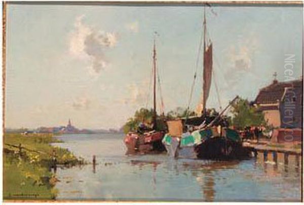 A Moored Rivercraft Oil Painting by Cornelis Vreedenburgh