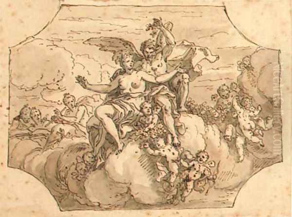 Zephyrus and Flora with putti and garlands on clouds Oil Painting by Sir James Thornhill