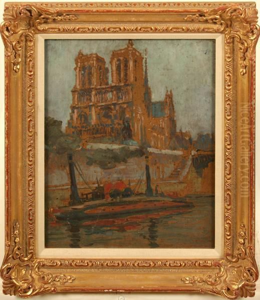 View Of Notre Dame With Seine Riverboat In Foreground Oil Painting by Jean-Edouard Vuillard