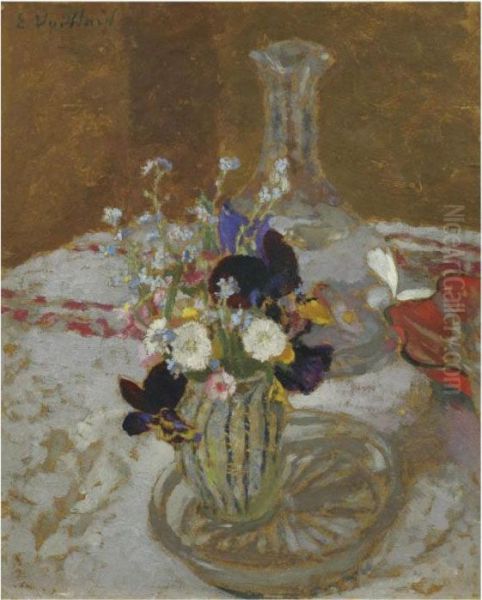 Bouquet De Pensees, De Myosotis Et De Pquerette, Devant Une Carafe, Sur Une Table Oil Painting by Jean-Edouard Vuillard