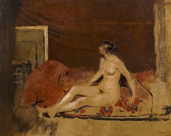 Nude On A Blanket With A Red Floral Pattern C.1888 Oil Painting by Jean-Edouard Vuillard