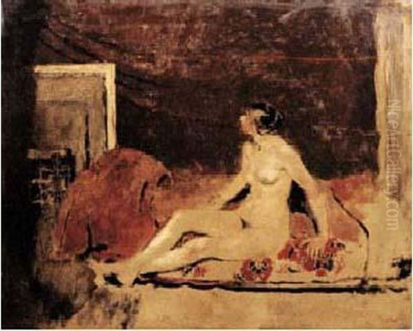 Nu Assis Au Divan Rouge, Vers 1888. Oil Painting by Jean-Edouard Vuillard