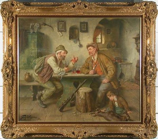 Szene In Einer Bauernstube. Am Tisch Zwei Pfeife Rauchendebauern In Ihrer Alltagstracht Oil Painting by Fritz Wagner