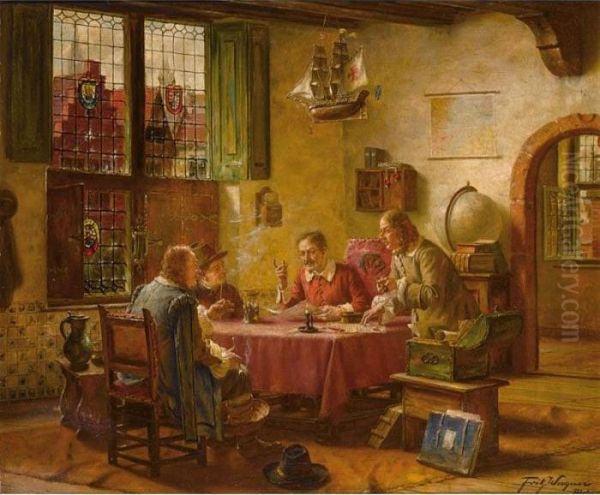 Figures In An Interior Oil Painting by Fritz Wagner