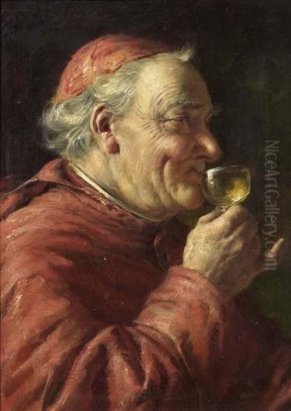 Monch Ein Glas Wein Trinkend. Oil Painting by Fritz Wagner