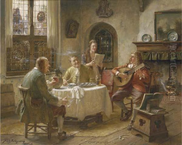 A Musical Duo Performing Oil Painting by Fritz Wagner