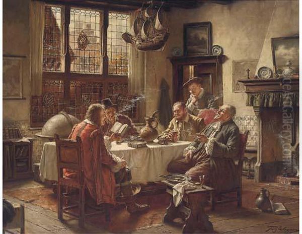 A Literary Gathering Oil Painting by Fritz Wagner