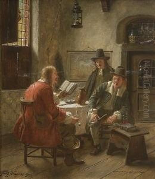 Drei Raucher Bei Gemeinsamer
 Lekture In Hollandischer Stube. Oil Painting by Fritz Wagner