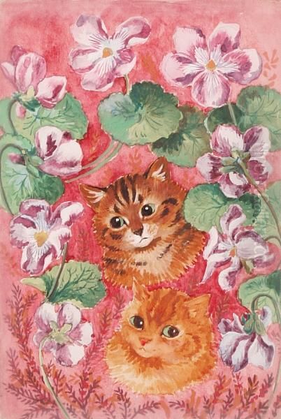 Tabby And Pansies Oil Painting by Louis William Wain