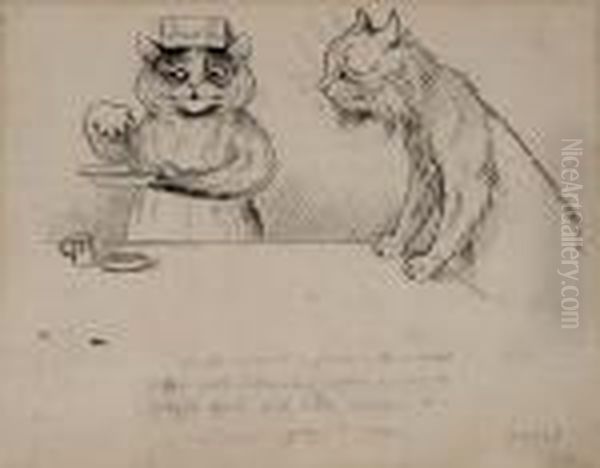 Nurse Cat Mixing A Concoction With Patient Lookingon Oil Painting by Louis William Wain