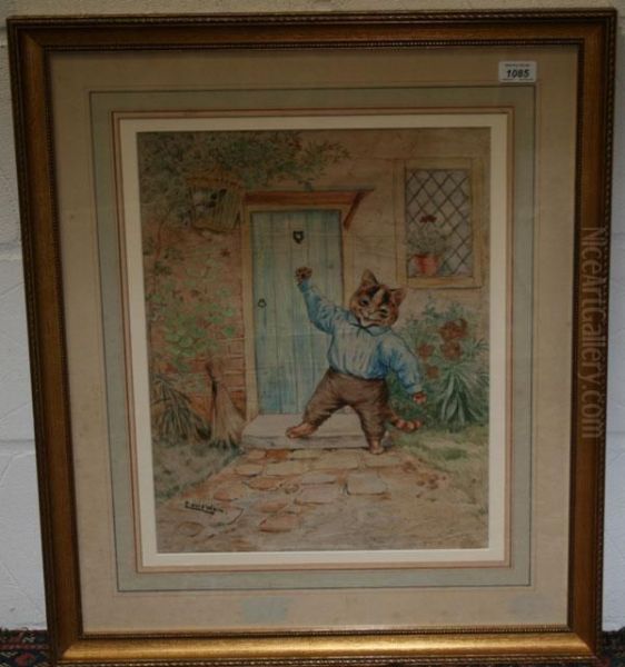 Waving Cat Beside A Cottage Door Oil Painting by Louis William Wain