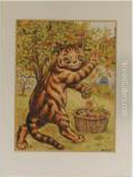 Cat In Orchard Picking Apples Oil Painting by Louis William Wain