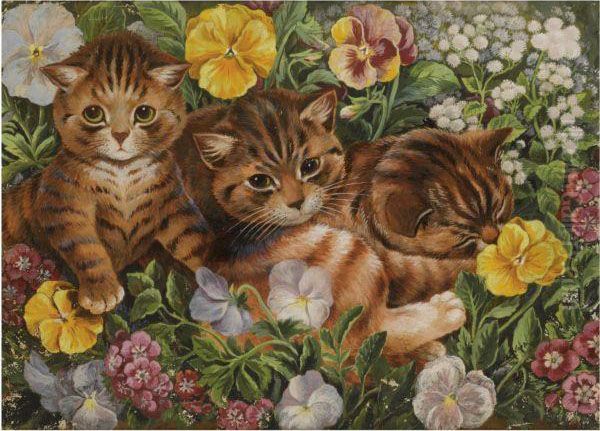 Three Kittens In A Flower Bed Oil Painting by Louis William Wain