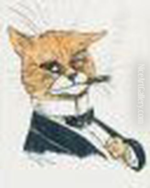 A Humorous Cat Smoking And Dressed In A Evening Suit And Dicky Bow. Oil Painting by Louis William Wain