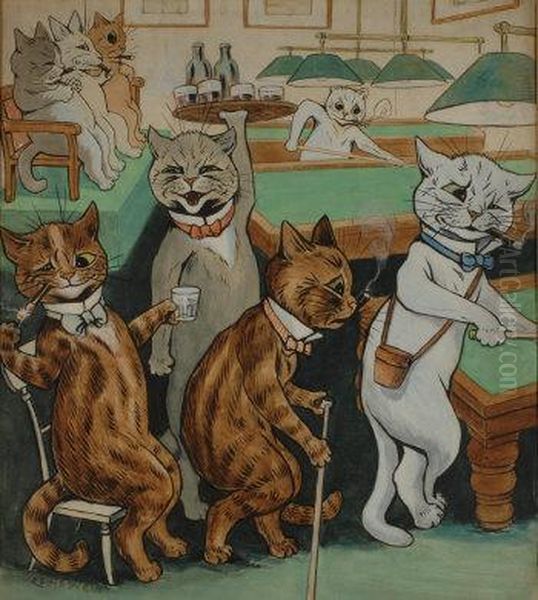 Snooker Hall With Catsplaying Oil Painting by Louis William Wain