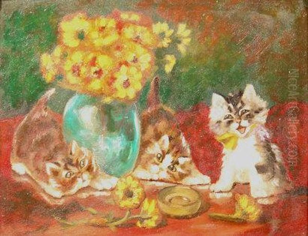 Three Kittens And Flowers In A Vase Oil Painting by Louis William Wain