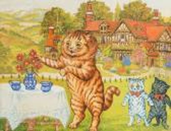 A Tea Party On The Lawn Oil Painting by Louis William Wain