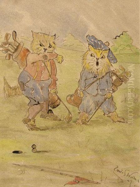 The Scottish Cat Golf Golf Players Oil Painting by Louis William Wain