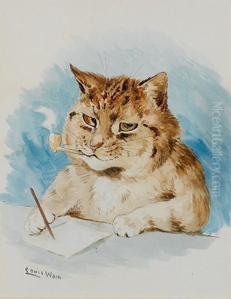 Cat Writing Oil Painting by Louis William Wain