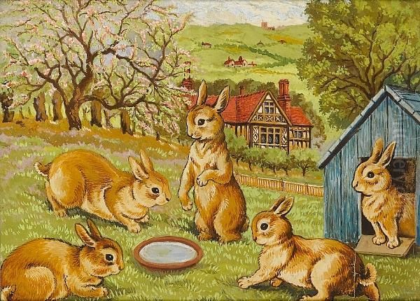 Springtime Rabbits Oil Painting by Louis William Wain