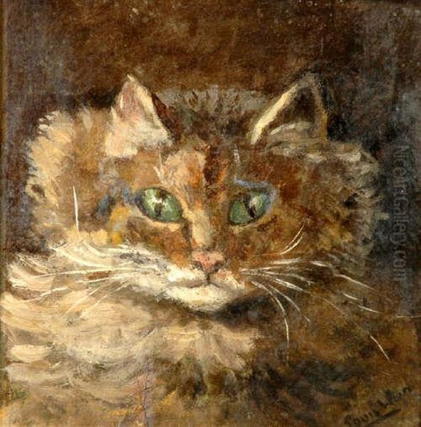 Cat Portrait Head, Signed Oil On Board,16x16cm Oil Painting by Louis William Wain