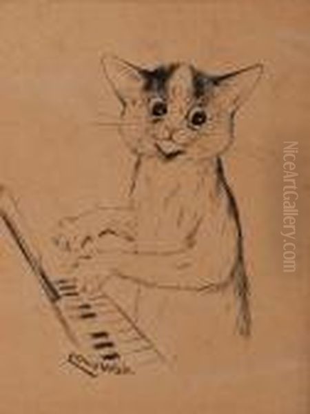 The Music Lesson Signed Louis Wain Lowerleft Oil Painting by Louis William Wain