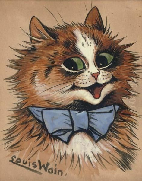 Smiling Cat With Blue Bow Tie Oil Painting by Louis William Wain