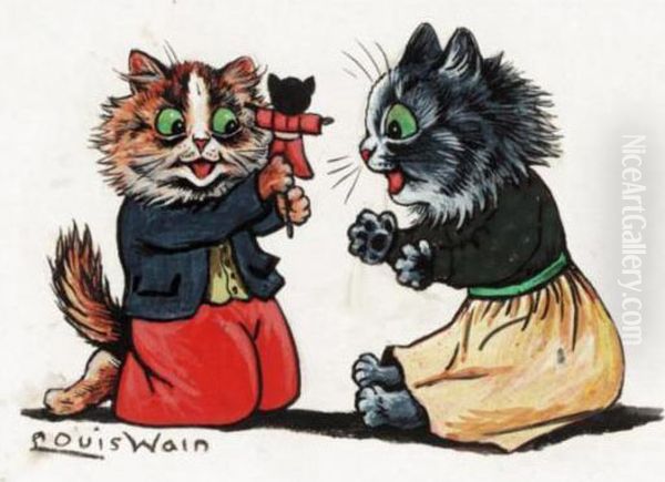 Playing With Dolly Oil Painting by Louis William Wain