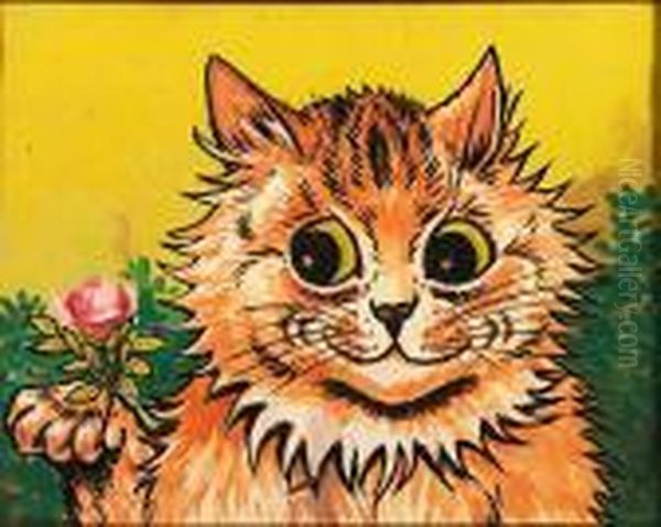 A Tabby Cat Holding A Rose Oil Painting by Louis William Wain