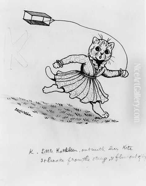 'k. Little Kathleen, Out With Her Kite Oil Painting by Louis William Wain