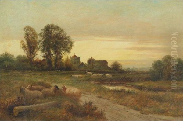 Sheep Resting Near A Farmhouse; Driving Sheep Across Theroad Oil Painting by Ernst Walbourn