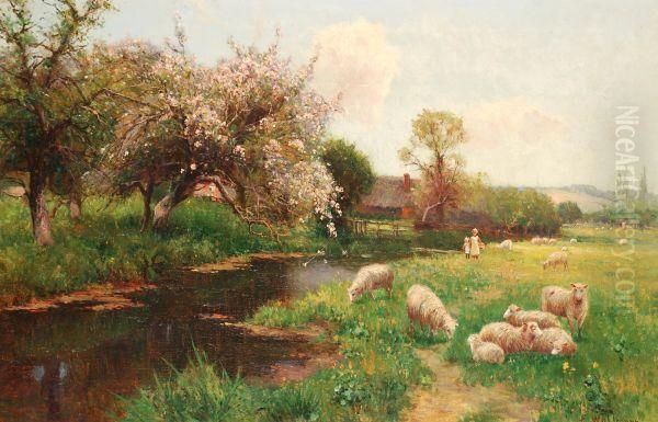 Children And Sheep On A River Bank Oil Painting by Ernst Walbourn