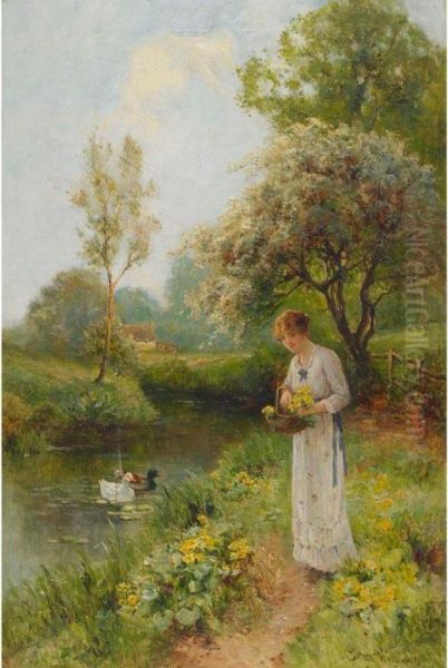 Lady Feeding Ducks; Lady In A Garden Oil Painting by Ernst Walbourn