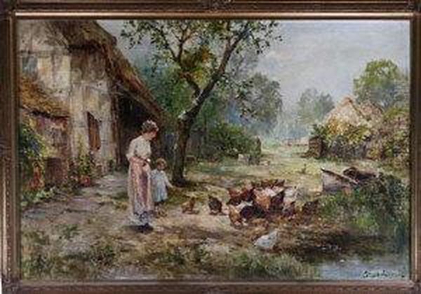 A Farmyard Scene With Mother And Child Feeding Hens Oil Painting by Ernst Walbourn