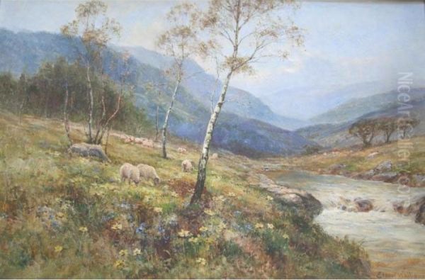 Sheep Grazing By A River Oil Painting by Ernst Walbourn