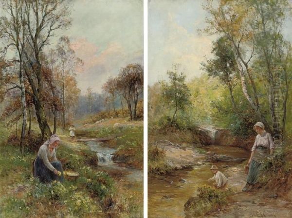 Flower Pickers; And The Young Fisherman Oil Painting by Ernst Walbourn