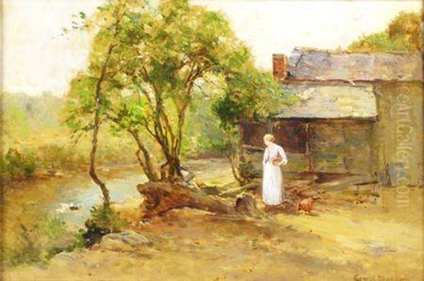 A Sunlit Riverside Oil Painting by Ernst Walbourn