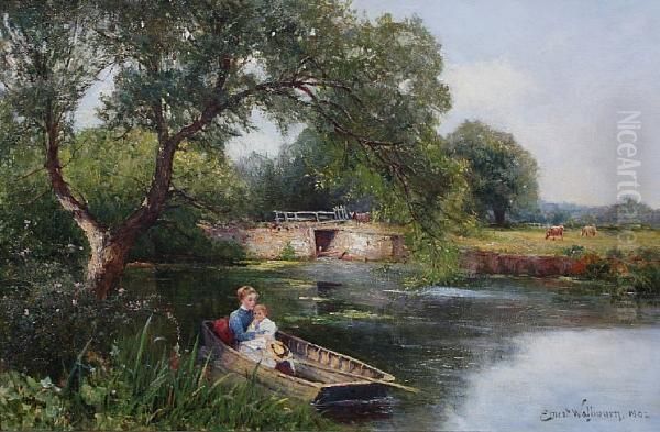 Sunny Afternoon - Mother And Child Recliningin A Punt Oil Painting by Ernst Walbourn