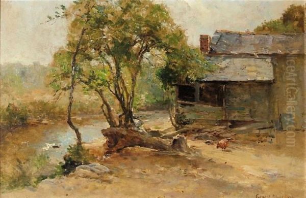 Farmstead Beside A River - Oil Painting by Ernst Walbourn