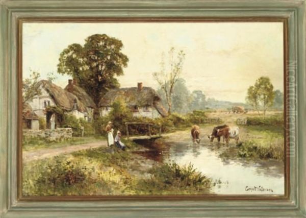 Cottages Beside A River Oil Painting by Ernst Walbourn