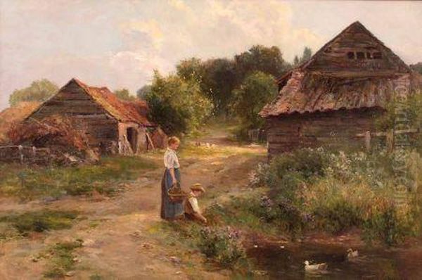 Young Boy With His Mother Fishing In A Farm Pond Oil Painting by Ernst Walbourn