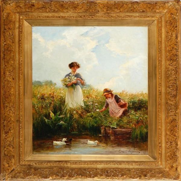 Girls On A Meadow By Acreek With Ducks Oil Painting by Ernst Walbourn