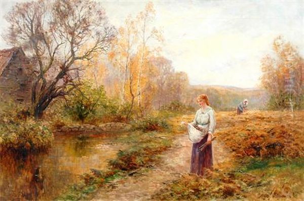 Young Girls Collecting Faggots By A Pond Oil Painting by Ernst Walbourn