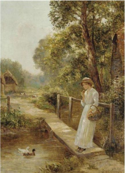 The Flower Basket; Sewing In The Garden Oil Painting by Ernst Walbourn