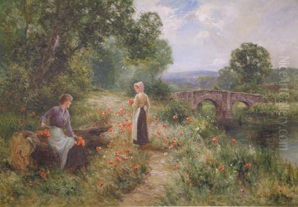 'gathering Poppies' Signed 24 X 36in Oil Painting by Ernst Walbourn