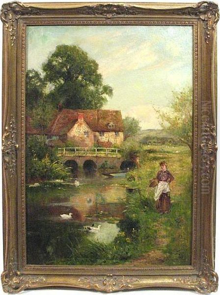 A Female Figure By A Stream With Ducks And A Cottage In The Background Oil Painting by Ernst Walbourn