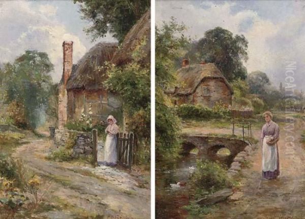 At The Cottage Gate; And Beside The Duck Pond Oil Painting by Ernst Walbourn