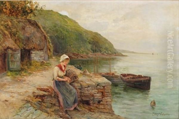 Fishergirl Knitting On Shore Oil Painting by Ernst Walbourn